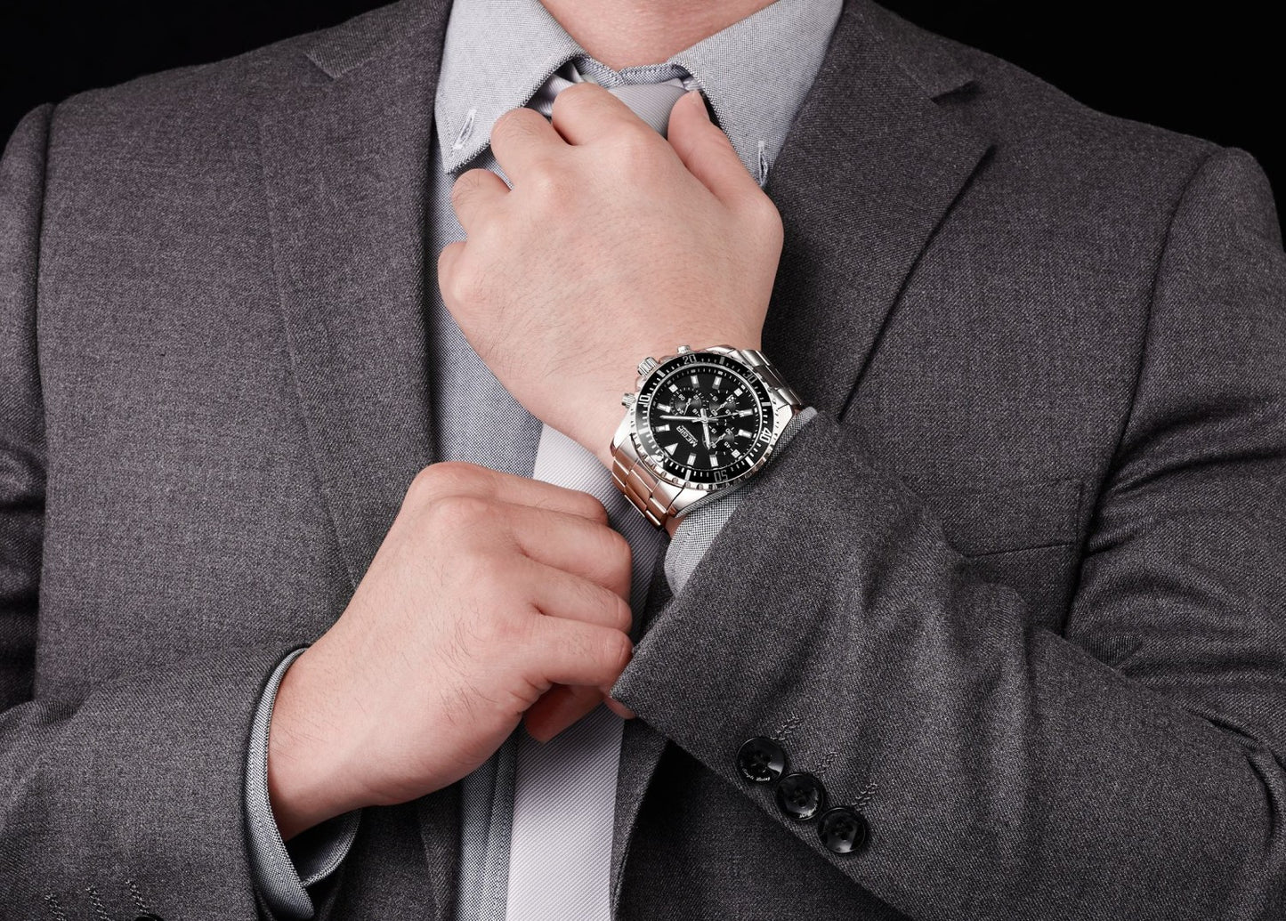 Megir MS2064G-1 Chronograph Quartz Silver Black Stainless Steel Chain Men’s watch