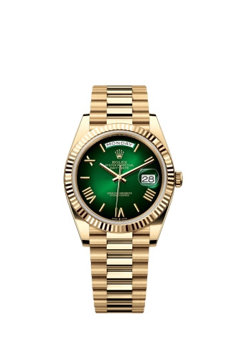 Rolex Day-Date 228238-0069 Yellow Gold Fluted Bezel Green Dial 40mm Swiss 1:1 Mirror Grade Men’s Watch