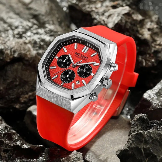 Megir 2215 Quartz Chronograph Red Dial Silicon Strap  Men’s watch