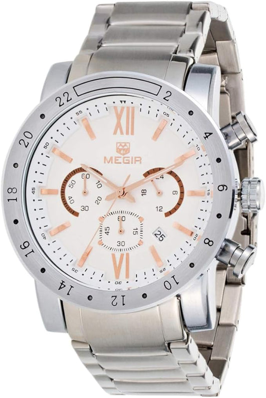 Megir M-3008 Chronograph Quartz Silver Stainless Steel Chain Men’s watch