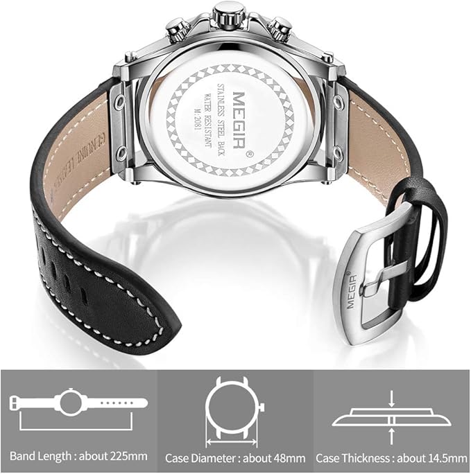 Megir ML2081GBK-2 Chronograph Quartz Black Genuine Leather Strap Men’s watch