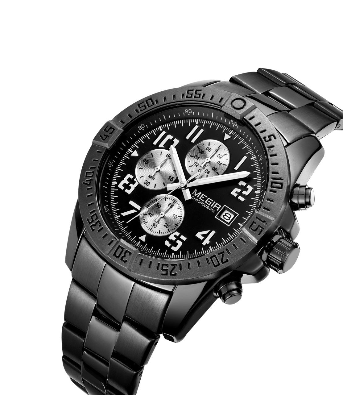 Megir MS2030G/BK-1 Chronograph Quartz Black Stainless Steel Chain Men’s watch