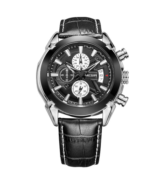 Megir ML2020GBK-1 Chronograph Quartz Black Genuine Leather Strap Men’s watch