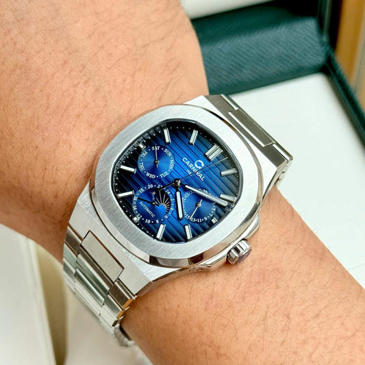 Carnival 8179G Automatic Moon-Phase Blue Dial Silver Tone Stainless Steel Chain Men’s Watch