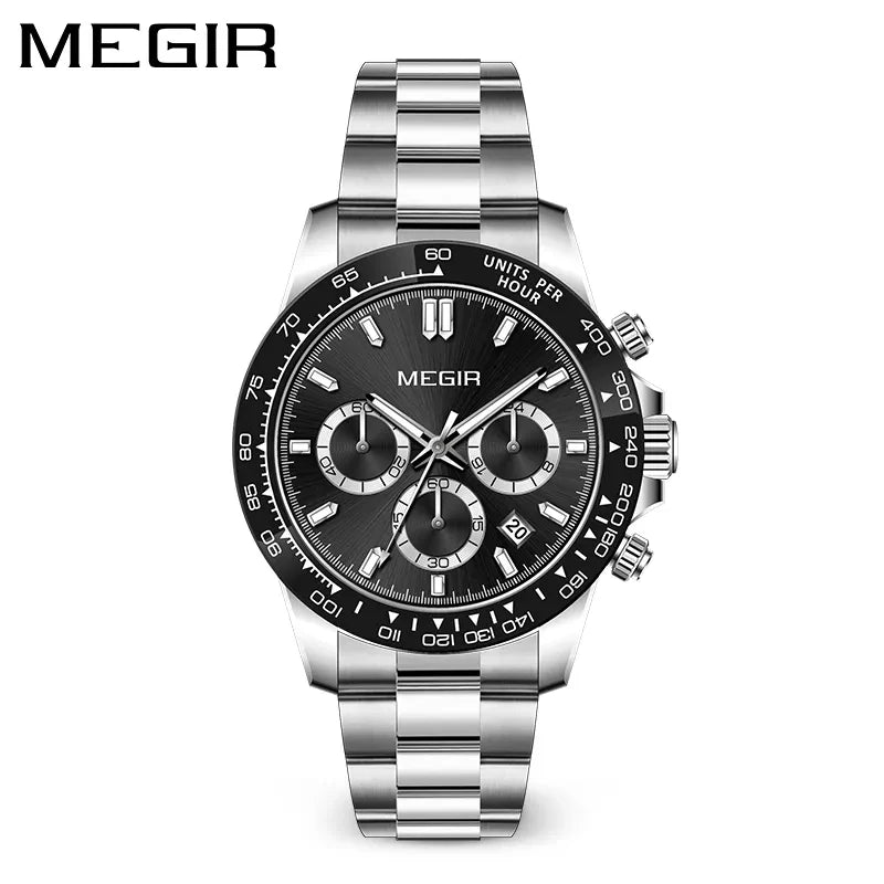 Megir MN8104GGD-BK-3 Chronograph Quartz Silver Stainless Steel Chain Men’s watch