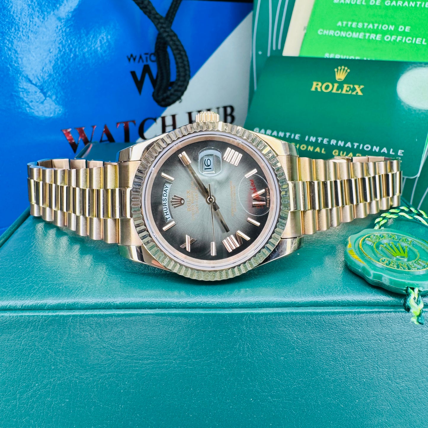 Rolex Day-Date Automatic Grey Dial Fluted Bezel Rose Gold-Tone Stainless Steel Chain Men’s Watch