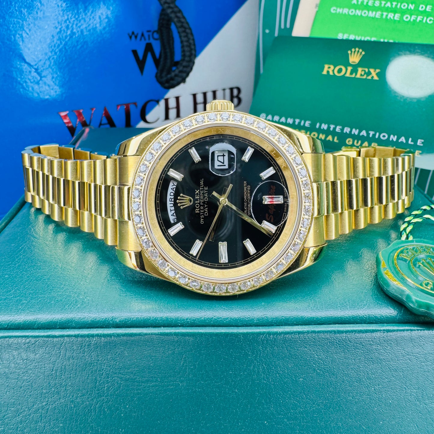 Rolex Oyster Perpetual Day-Date Automatic Stone Bezel Golden-Tone Stainless Steel President Chain Men’s Watch
