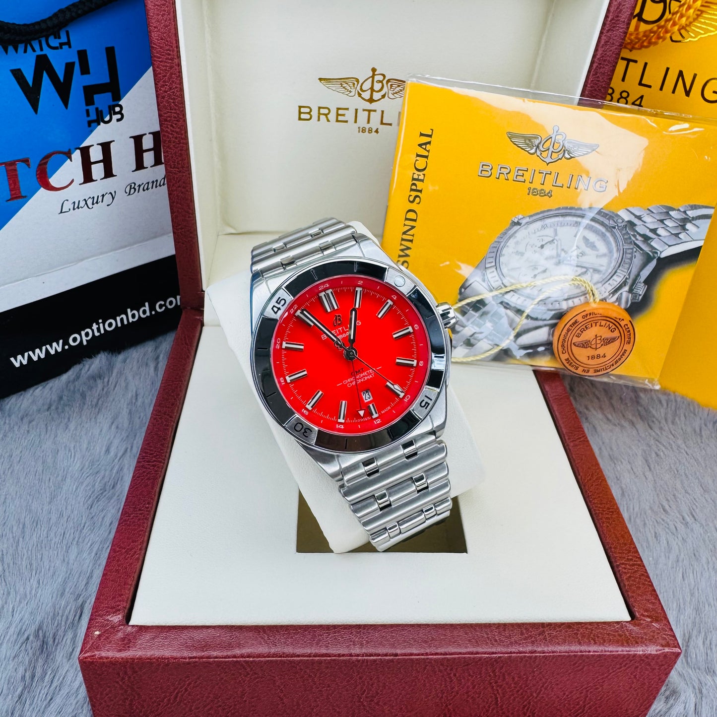 Breitling Chronomat GMT Automatic Red Dial Semi Swiss Grade Stainless Steel Chain Men's Watch