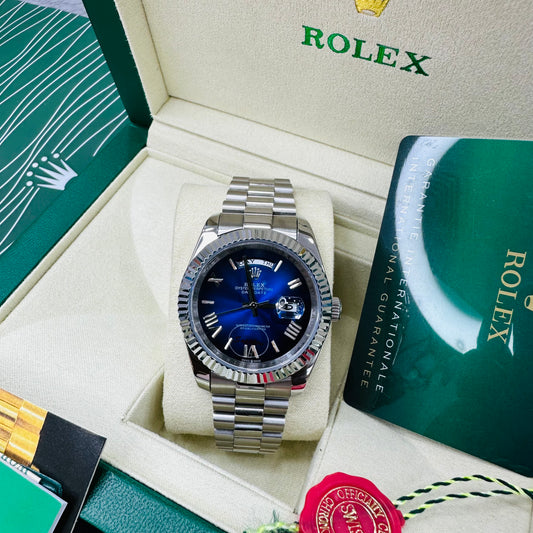 Rolex Day-Date Oyster Perpetual Automatic Full Silver With Blue Dial Stainless Steel Chain Men’s Watch