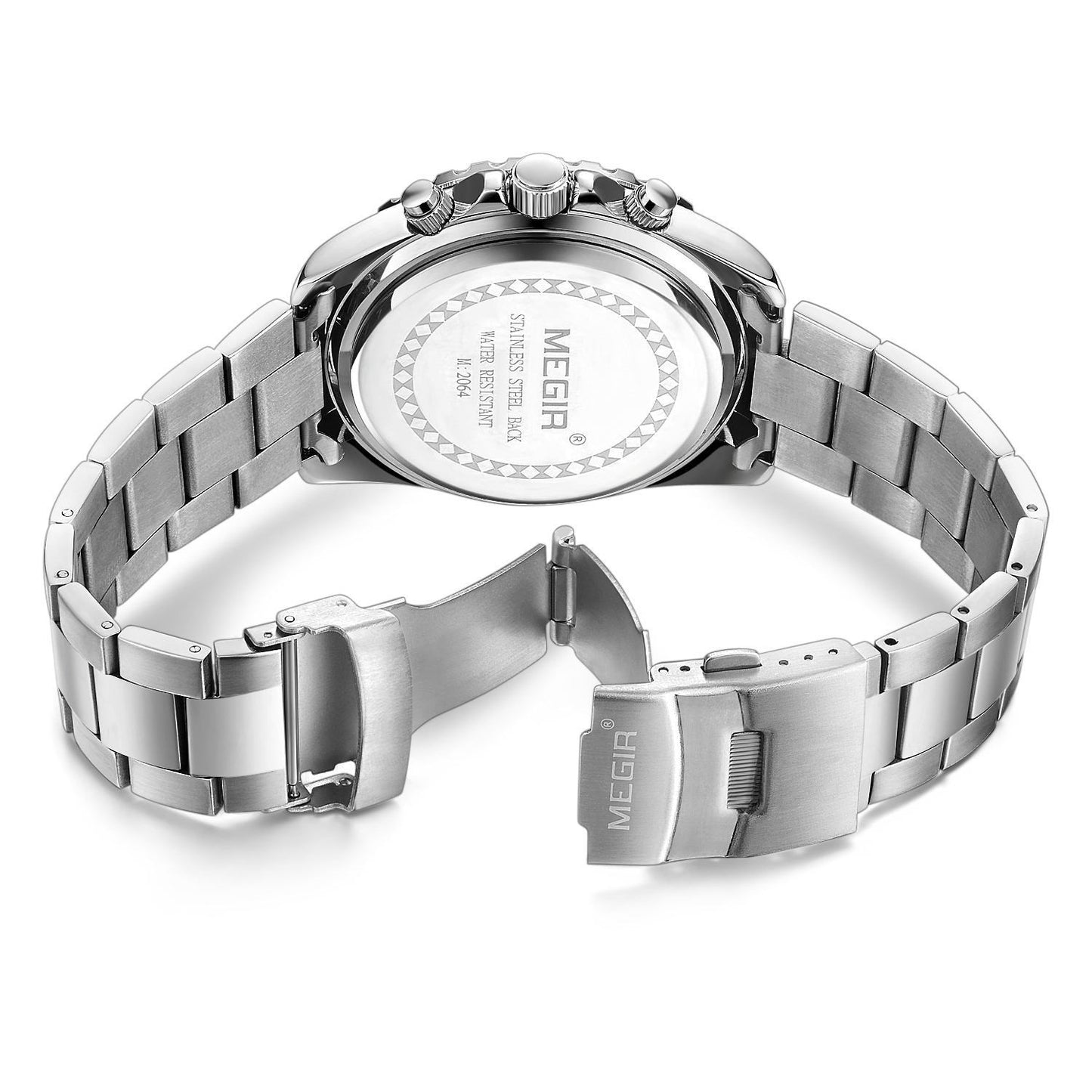 Megir MS2064G-1 Chronograph Quartz Silver Black Stainless Steel Chain Men’s watch