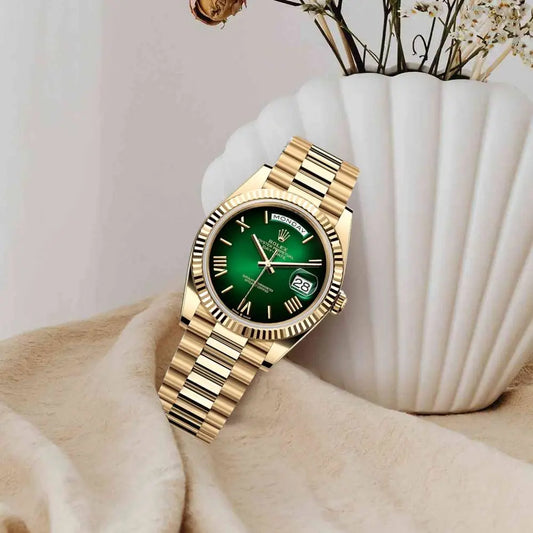 Rolex Day-Date 228238-0069 Yellow Gold Fluted Bezel Green Dial 40mm Swiss 1:1 Mirror Grade Men’s Watch