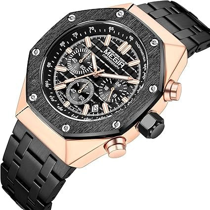 Megir MS2213G-BK-1N0 Chronograph Quartz Dualtone Stainless Steel Chain Men’s watch