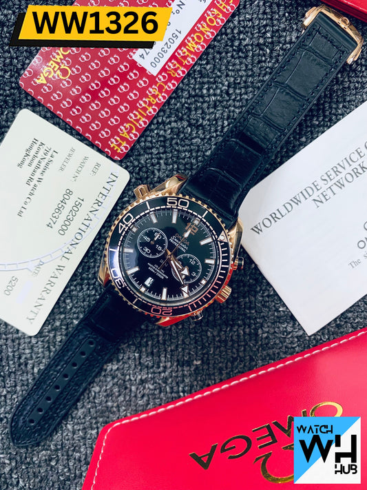 Omega Seamaster Professional Planet Ocean Quartz Chronograph Stainless Steel Leather Strap Men's Watch