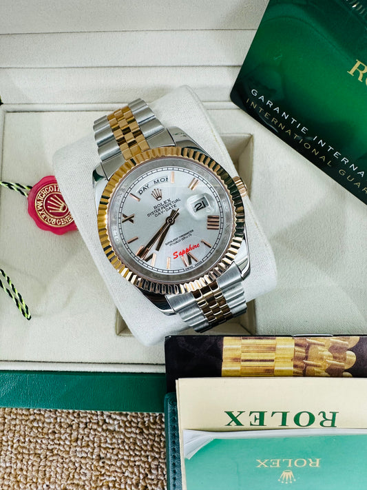 Rolex Day-Date Dual Tone With White Dial Oyster Perpetual Automatic Stainless Steel Chain Men’s Watch