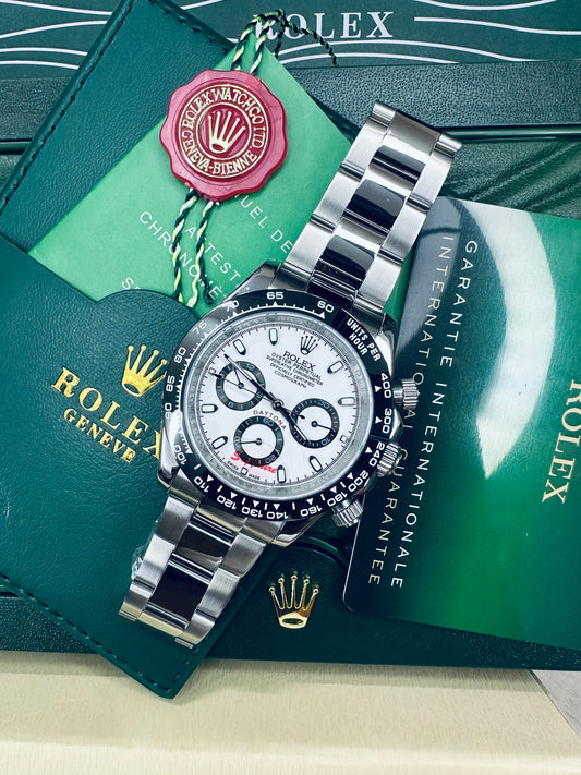 Rolex Daytona Full Silver With White Dial Oyster Perpetual Automatic Stainless Steel Chain Men’s Watch