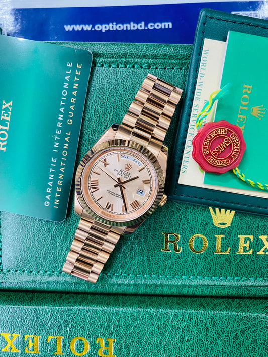 Rolex Day-Date Oyster Perpetual Automatic Full Rose Gold With Rose Gold Dial Stainless Steel President Chain Men’s Watch