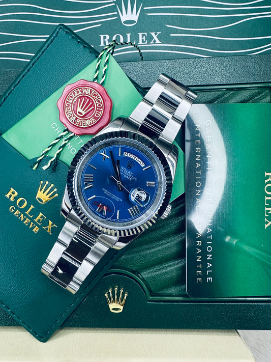 Rolex Day-Date Oyster Perpetual Automatic Full Silver With Blue Dial Stainless Steel Chain Men’s Watch