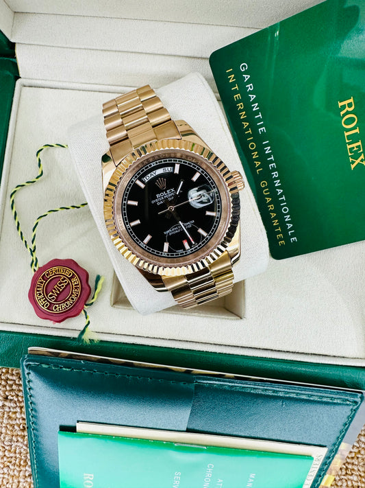 Rolex Day-Date Oyster Perpetual Automatic Full Gold Color With Black Dial Stainless Steel Chain Men’s Watch