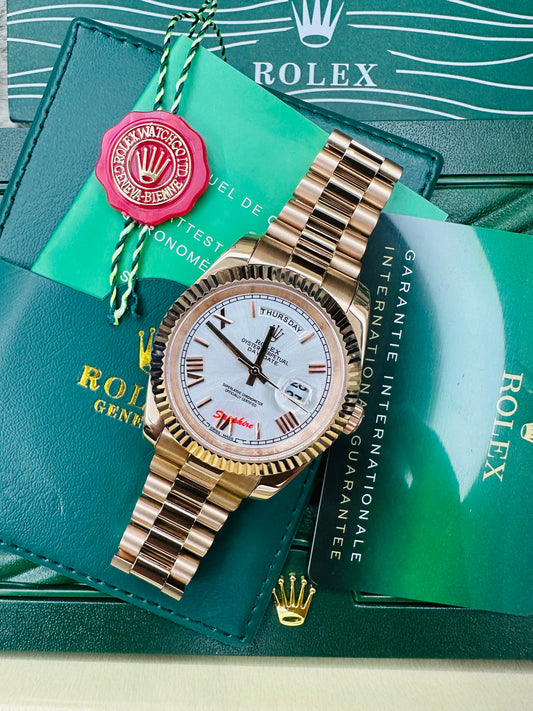 Rolex Day-Date Oyster Perpetual Automatic Full Rose Gold With White Dial Stainless Steel President Chain Men’s Watch