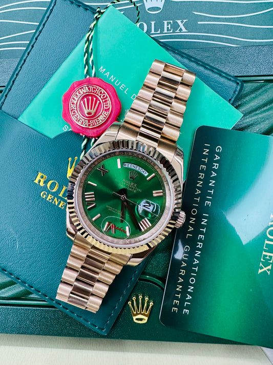 Rolex Day-Date Oyster Perpetual Automatic Full Rose Gold With Green Dial Stainless Steel President Chain Men’s Watch
