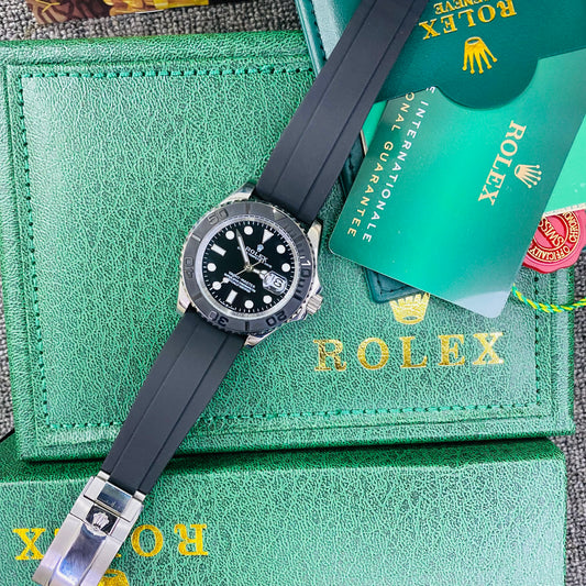 Rolex Yacht-Master Automatic Silver Color with Black Dial Silicone Strap Men’s Watch