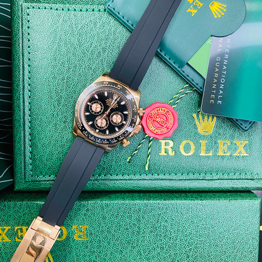 Rolex Daytona Rose Gold Case Black Dial Automatic Stainless Steel Silicone Strap Men’s Watch