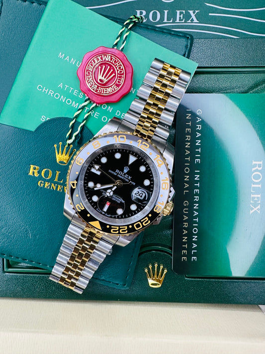 Rolex GMT Master II Automatic Gold & Silver Dual Tone with Black Dial Stainless Steel Chain Men’s Watch