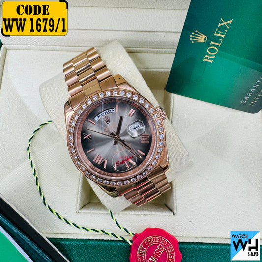 Rolex Day-Date Automatic Stone Bezel Stainless Steel Chain Men’s Watch