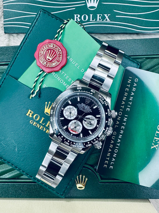 Rolex Daytona Oyster Perpetual Silver Case with Black Dial Automatic Stainless Steel Chain Men’s Watch