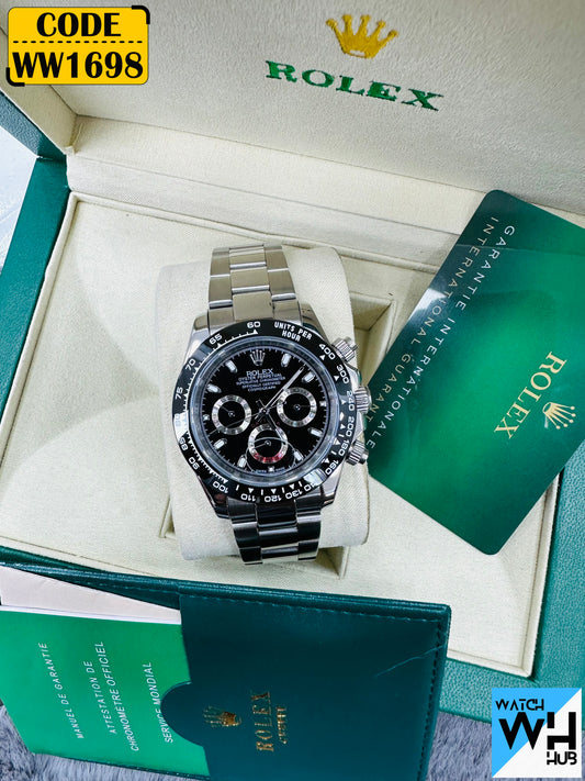 Rolex Daytona Oyster Perpetual Silver Case with Black Dial Automatic Stainless Steel Chain Men’s Watch