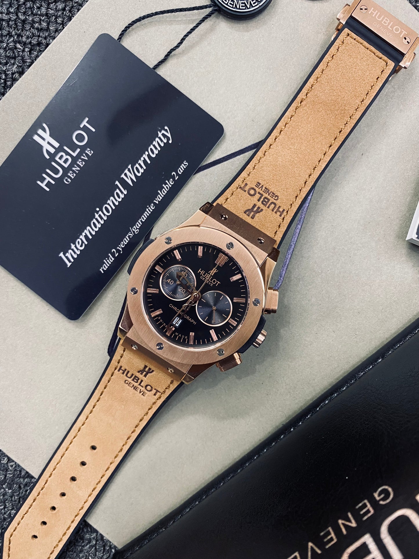 Hublot BigBang Geneve Rose Gold Stainless Steel quartz movements Brown Leather X Silicone Strap Europe Standard Watch For Men
