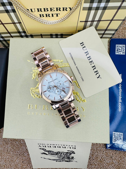 Burberry BU9351 White Dial Chronograph Quartz Rose Gold Stainless Steel Chain Men’s Watch