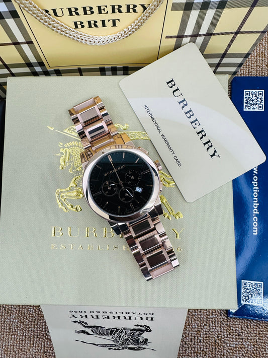 Burberry BU9351 Black Dial Chronograph Quartz Rose Gold Stainless Steel Chain Men’s Watch