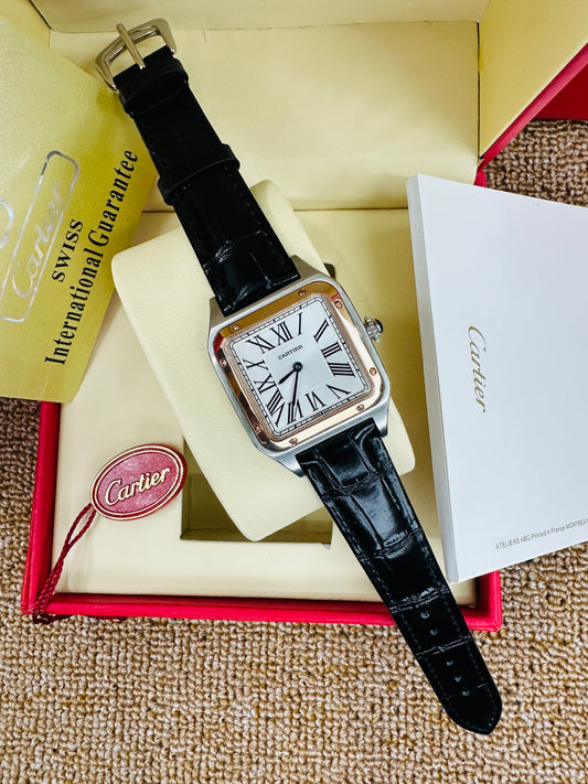 Cartier Santos Quartz Rose Gold Case White Dial Genuine Leather Strap Lady’s Watch