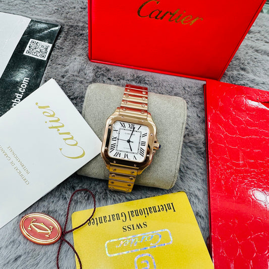 Cartier Santos Automatic Stainless Steel Rose Gold Case White Dial Lady’s Chain Watch