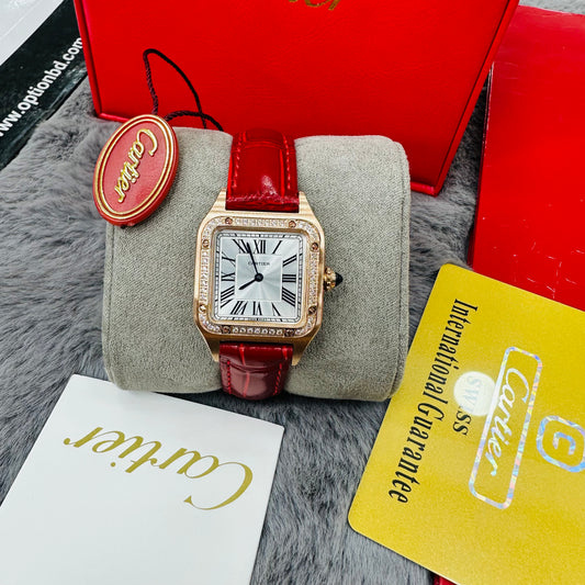 Cartier Santos Quartz Rose Gold Case White Dial Genuine Leather Strap Lady’s Watch