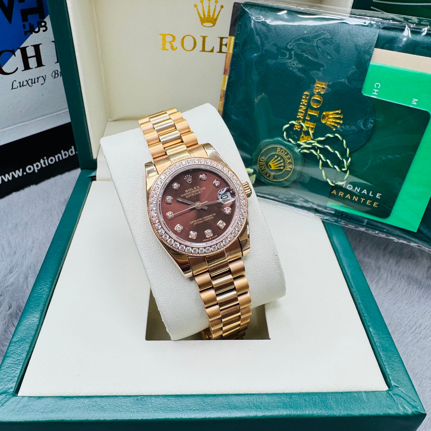 Rolex Datejust Rose Gold Chocolate Dial Automatic Stainless Steel Chain Lady’s Watch