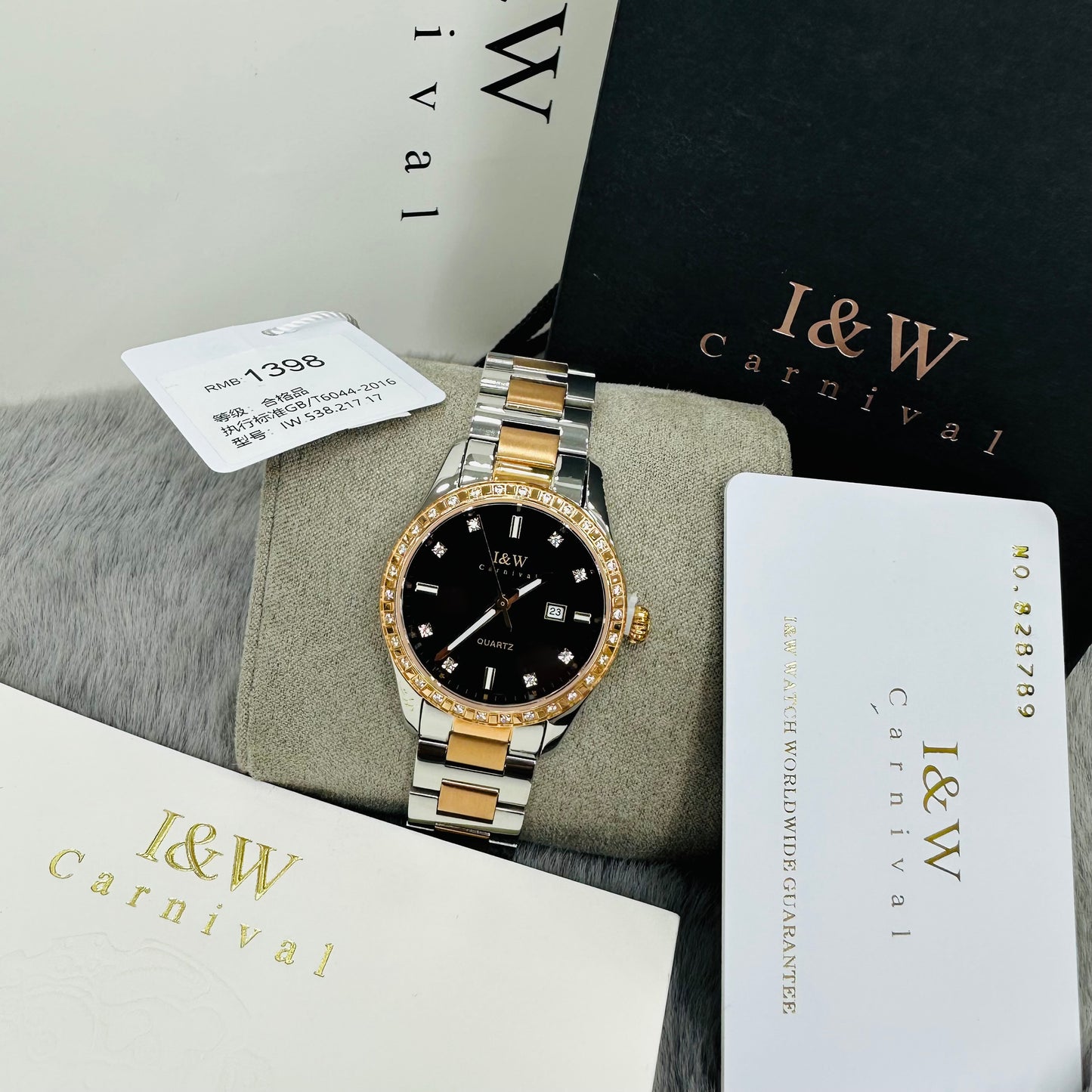 I&W Carnival Dualtone Black Dial Quartz Stainless Steel Chain Lady’s Watch