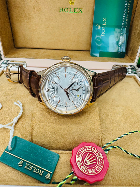 Rolex Cellini 50525 Dual Time Everrose Gold 39MM Dial Leather Strap Men’s Watch