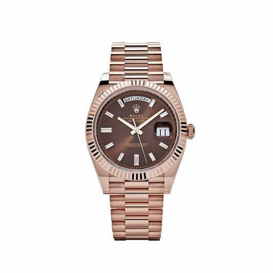 Rolex Day-Date 40mm 228235 Rose Gold Chocolate Baguette Dial Stainless Steel Chain Men’s Watch