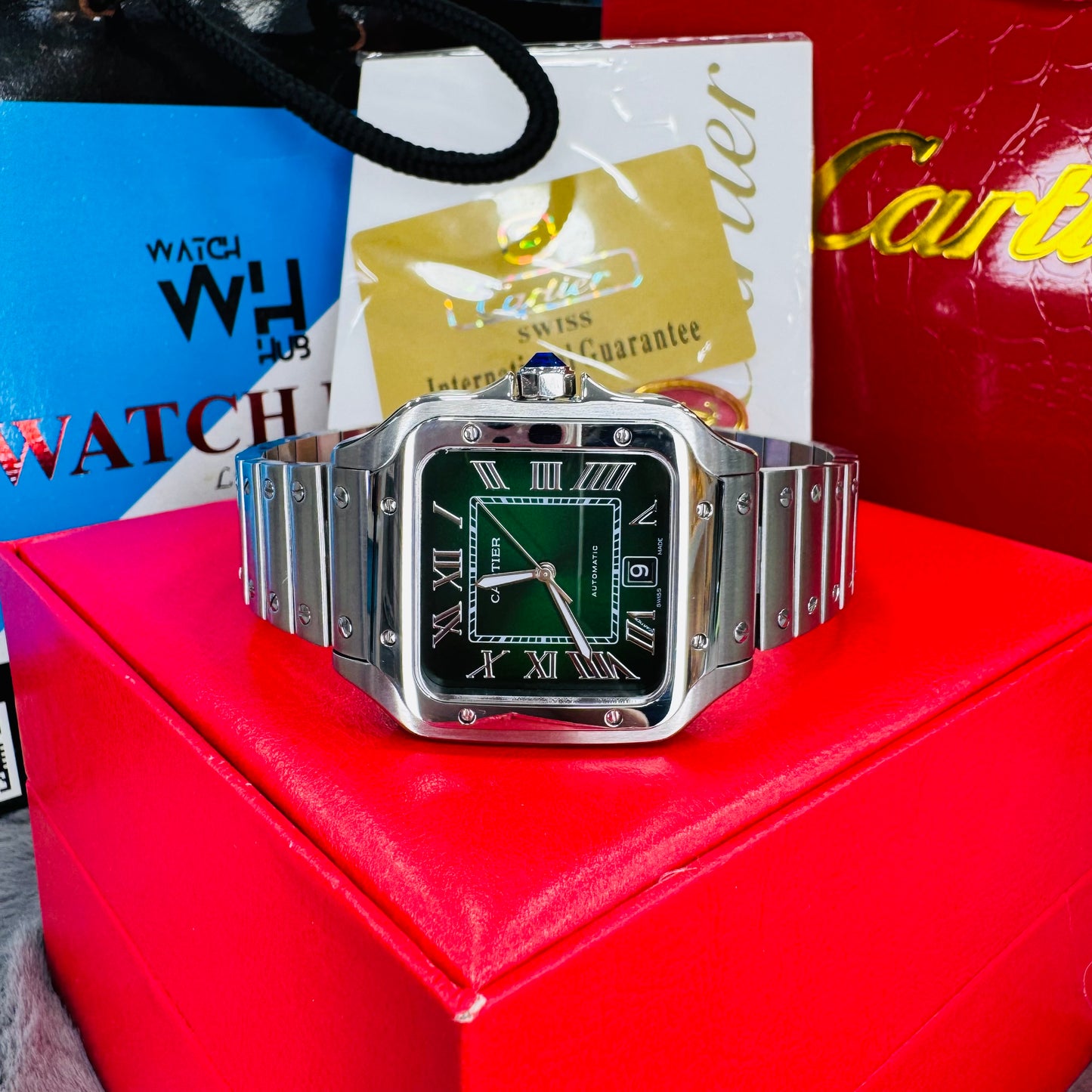 Car-tier Santos "Smoky Green" Dial Automatic Stainless Steel Chain Men’s Watch