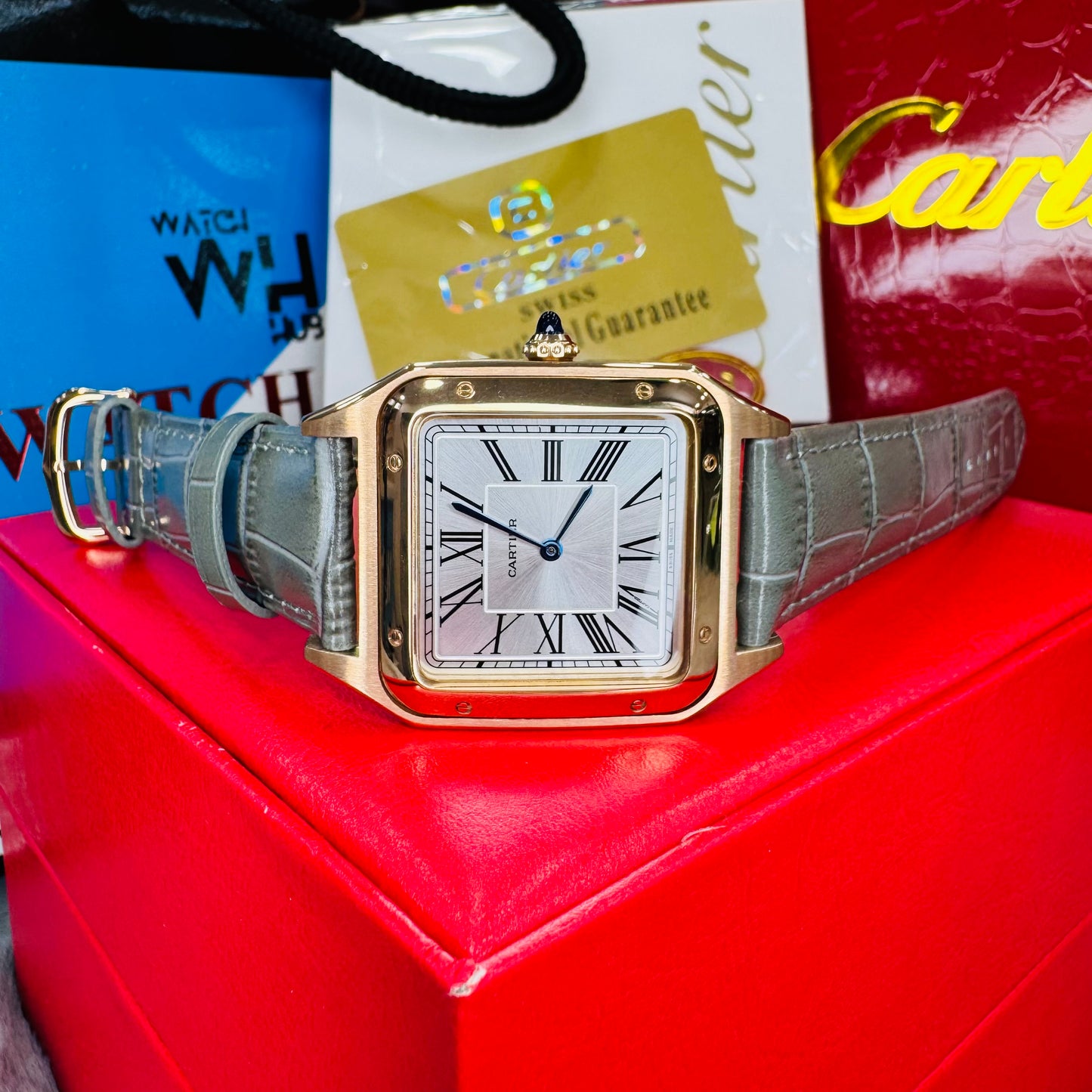 Car-tier Santos Dumont Large White Dial Quartz Stainless Steel Case Genuine Leather Strap Men’s Watch