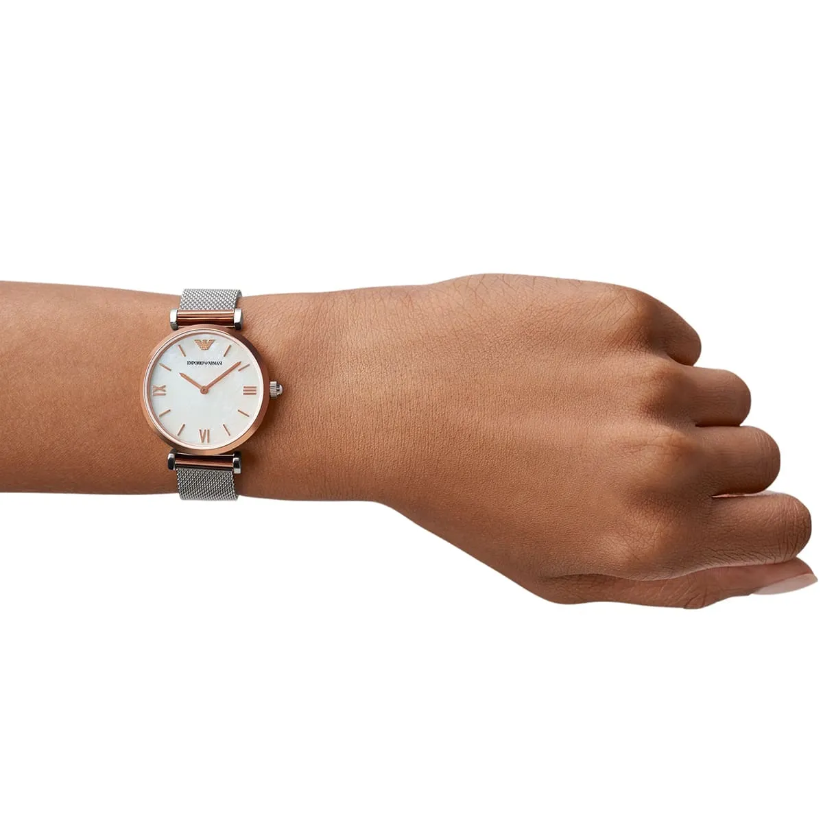 Emporio Armani Gianni T-Bar AR2067 Quartz Mother of Pearl Dial Stainless Steel Mesh Chain Lady’s Watch