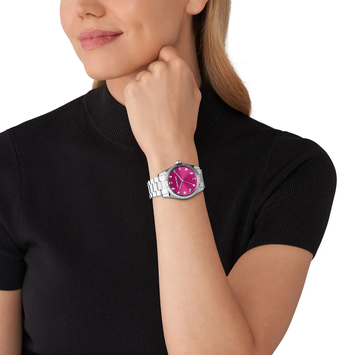 Michael Kors Lexington MK7443 Silver-Tone Quartz Pink Pavé Dial Stainless Steel Chain Ladies Watch
