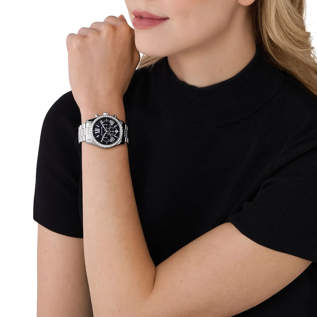 Michael Kors Lexington MK7277 Silver-Tone Quartz Chronograph Blue Pavé Dial Stainless Steel Chain Ladies Watch