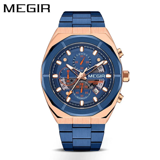 Megir 2225 Quartz Chronograph Blue Dial Stainless Steel Chain  Men’s watch