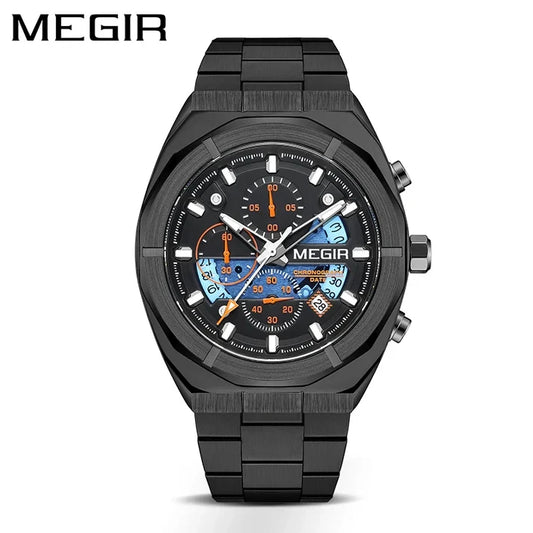 Megir 2225 Quartz Chronograph Black Dial Stainless Steel Chain  Men’s watch