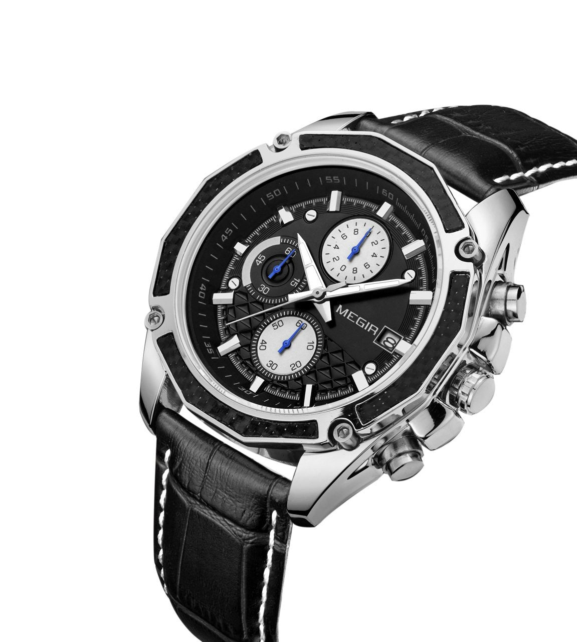 Megir M2015 Chronograph Black Genuine Leather Strap Men’s watch