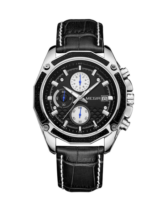 Megir M2015 Chronograph Black Genuine Leather Strap Men’s watch