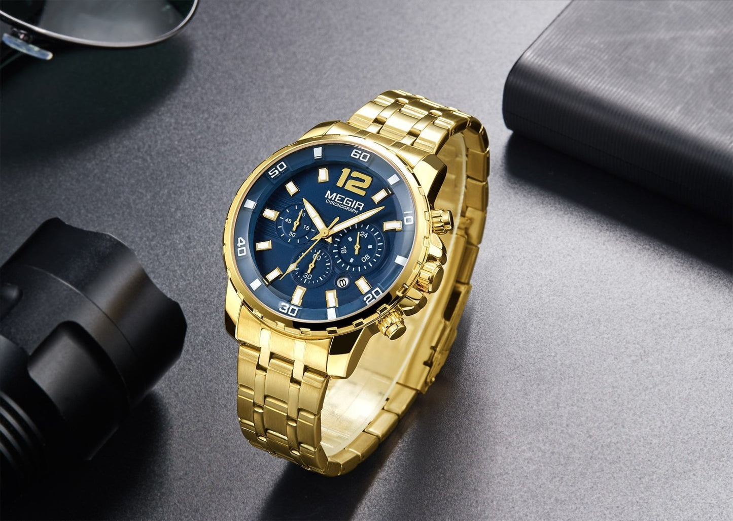 Megir Optic Gold Chronograph MS2068GGD-2N3 Stainless Steel Chain Men’s watch